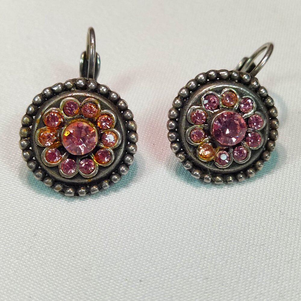 Vintage Purple Aurora Borealis Circular Flower Clip Earrings by Remy Dis - Paris